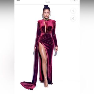 Zenaida Burgundy Cutout High Slit Velvet Gown